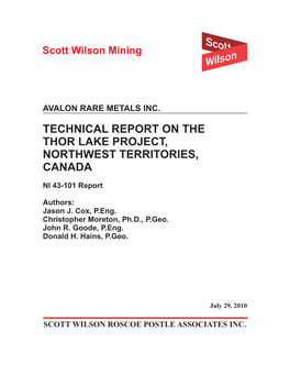 Technical Report on the Thor Lake Project, Northwest Territories, Canada