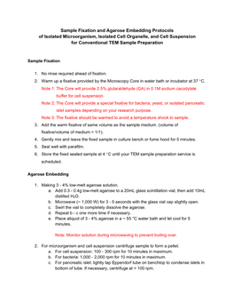 Sample Fixation and Agarose Embedding Protocols of Isolated Microorganism, Isolated Cell Organelle, and Cell Suspension for Conventional TEM Sample Preparation