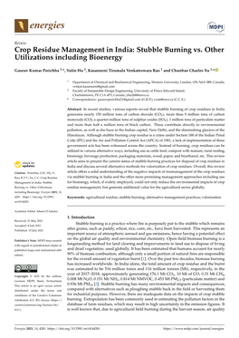 Crop Residue Management in India: Stubble Burning Vs. Other Utilizations Including Bioenergy