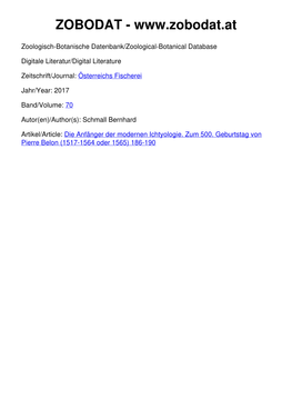 Die Anfänger Der Modernen Ichtyologie. Zum 500. Geburtstag Von Pierre Belon (1517-1564 Oder 1565) 186-190 Österreichs Fischerei 70