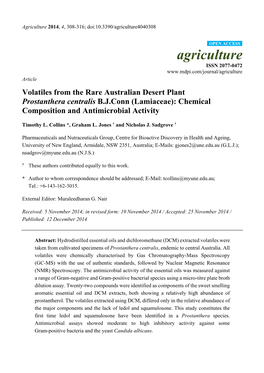 Volatiles from the Rare Australian Desert Plant Prostanthera Centralis B.J.Conn (Lamiaceae): Chemical Composition and Antimicrobial Activity