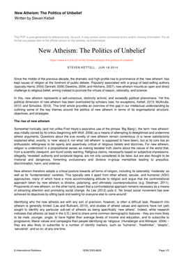 New Atheism: the Politics of Unbelief Written by Steven Kettell