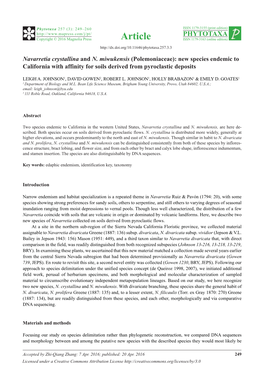 Navarretia Crystallina and N. Miwukensis (Polemoniaceae): New Species Endemic to California with Affinity for Soils Derived from Pyroclastic Deposits