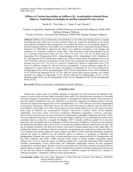 Efficacy of Various Insecticides on Safflower Fly, Acanthiophilus Helianthi Rossi (Diptera: Tephritidae) in Kohgiloyeh and Boyerahmad Province (Iran)