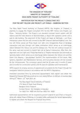 The Kingdom of Thailand Ministry of Transport Mass Rapid Transit Authority of Thailand Invitation for the Project Consultant