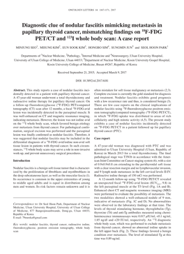 Diagnostic Clue of Nodular Fasciitis Mimicking Metastasis in Papillary Thyroid Cancer, Mismatching Findings on 18F-FDG PET/CT and 123I Whole Body Scan: a Case Report