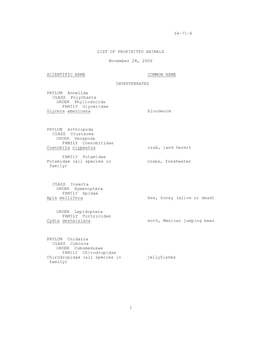 1 §4-71-6 LIST of PROHIBITED ANIMALS November 28, 2006