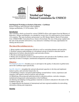 Sub-Regional Workshop on Inclusive Education – Caribbean Inclusive Policies and Curricula in the Caribbean Antigua and Barbuda, 21-24 November, 2011