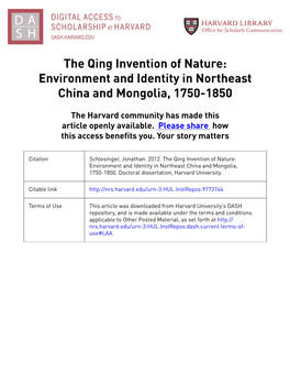 The Qing Invention of Nature: Environment and Identity in Northeast China and Mongolia, 1750-1850