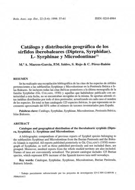 Catálogo Y Distribución Geográfica De Los Sírfídos Iberobaleares (Díptera, Syrphidae). I.- Syrphinae Y Microdontinae(1)