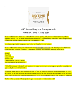 48 Annual Daytime Emmy Awards NOMINATIONS – June 25Th