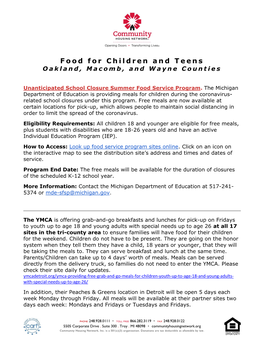 Food for Children and Teens Oakland, Macomb, and Wayne Counties