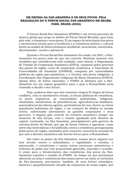 Em Defesa Da Pan-Amazônia E De Seus Povos: Pela Realização Do X Fórum Social Pan-Amazônico Em Belém, Pará, Brasil (2022)