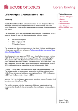 Lords Appointments: Life Peerages Created Since 1958