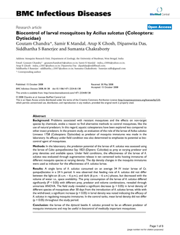 Biocontrol of Larval Mosquitoes by Acilius Sulcatus (Coleoptera