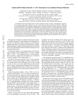 Arxiv:1411.3402V2 [Hep-Lat] 14 Apr 2015 Lar State of an Antikaon, K, Bound to a Nucleon, N