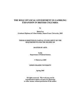 The Role of Local Government in Gambling Expansion in British Columbia