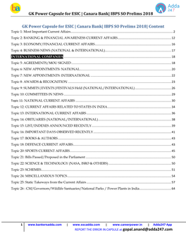 GK Power Capsule for ESIC | Canara Bank| IBPS SO Prelims 2018 GK Power Capsule for ESIC | Canara Bank| IBPS SO Prelims 2018|