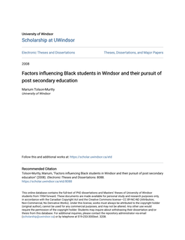 Factors Influencing Black Students in Windsor and Their Pursuit of Post Secondary Education