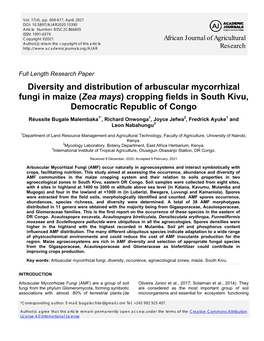 Diversity and Distribution of Arbuscular Mycorrhizal Fungi in Maize (Zea Mays) Cropping Fields in South Kivu, Democratic Republic of Congo