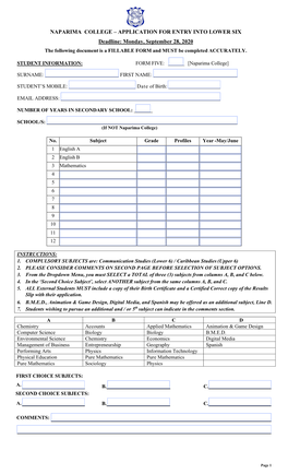 APPLICATION for ENTRY INTO LOWER SIX Deadline: Monday, September 28, 2020 the Following Document Is a FILLABLE FORM and MUST Be Completed ACCURATELY