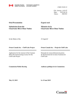 Oral Presentation Submission from the Clearwater River Dene Nation Exposé Oral Mémoire De La Clearwater River Dene Nation