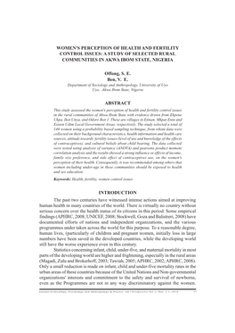 Women's Perception of Health and Fertility Control Issues: a Study of Selected Rural Communities in Akwa Ibom State, Nigeria