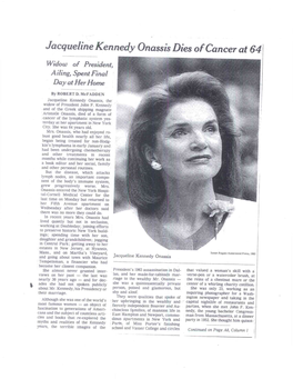 Jacqueline Kennedy Onassis Dies of Cancer at 64