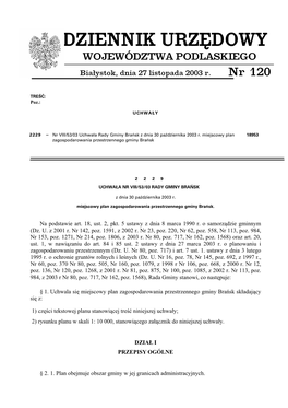 DZIENNIK URZĘDOWY WOJEWÓDZTWA PODLASKIEGO Białystok, Dnia 27 Listopada 2003 R