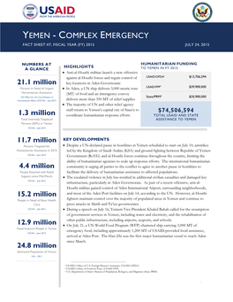 Yemen - Complex Emergency Fact Sheet #7, Fiscal Year (Fy) 2015 July 24, 2015