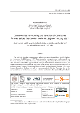 Controversies Surrounding the Selection of Candidates for Mps Before the Election to the PRL Sejm of January 19571