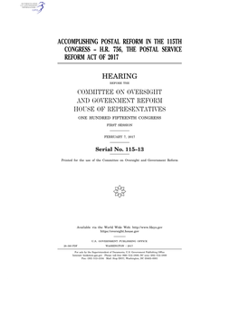 Accomplishing Postal Reform in the 115Th Congress – H.R