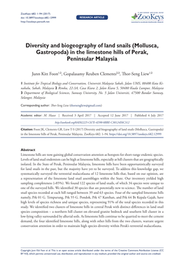 Diversity and Biogeography of Land Snails (Mollusca, Gastropoda) in the Limestone Hills of Perak, Peninsular Malaysia