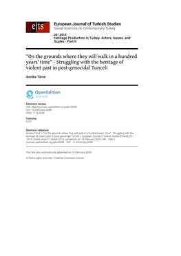 European Journal of Turkish Studies, 20 | 2015 “On the Grounds Where They Will Walk in a Hundred Years’ Time” - Struggling W