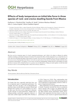 Effects of Body Temperature on Initial Bite Force in Three Species of Rock- and Crevice-Dwelling Lizards from Mexico