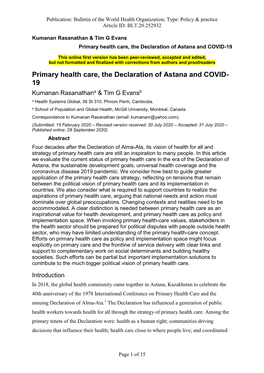 Primary Health Care, the Declaration of Astana and COVID- 19 Kumanan Rasanathana & Tim G Evansb a Health Systems Global, 36 St 310, Phnom Penh, Cambodia