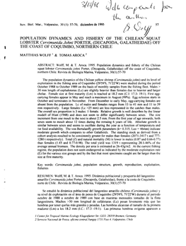 POPULATION DYNAMICS and FISHERY of the CHILEANTSQUAT LOBSTER Cervimunida Johni PORTER, (DECAPODA, GALATHEIDAE) OFF the COAST of COQUIMBO, NORTHERN CHILE