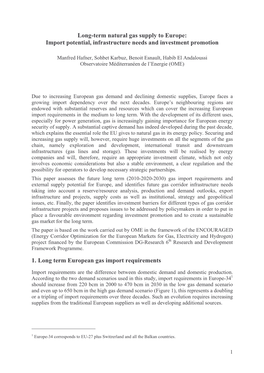 Long-Term Natural Gas Supply to Europe: Import Potential, Infrastructure Needs and Investment Promotion