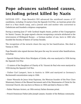 Pope Advances Sainthood Causes, Including Priest Killed by Nazis