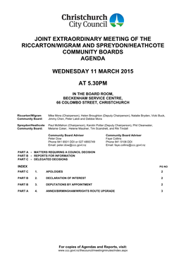 Joint Extraordinary Meeting of the Riccarton/Wigram and Spreydon/Heathcote Community Boards Agenda