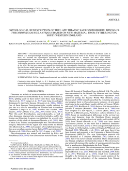 Osteological Redescription of the Late Triassic Sauropodomorph Dinosaur Thecodontosaurus Antiquus Based on New Material from Tytherington, Southwestern England