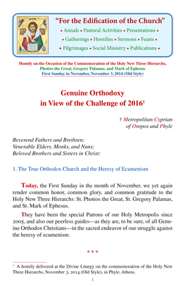 Genuine Orthodoxy in View of the Challenge of 20161