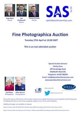 Fine Photographica Auction Tuesday 27Th April at 10:00 GMT