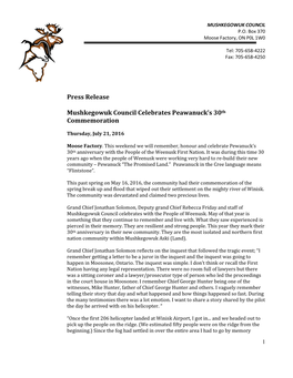 Press Release Mushkegowuk Council Celebrates Peawanuck's 30Th Commemoration