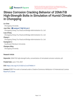 Stress Corrosion Cracking Behavior of 20Mntib High-Strength Bolts in Simulation of Humid Climate in Chongqing