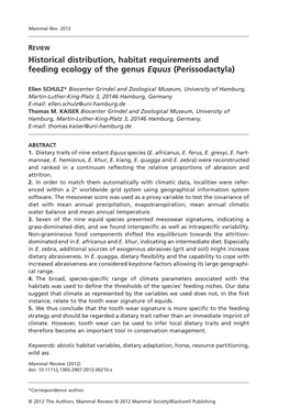 Historical Distribution, Habitat Requirements and Feeding Ecology of the Genus Equus (Perissodactyla)