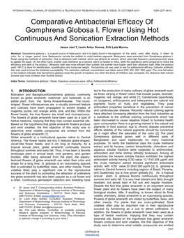 Comparative Antibacterial Efficacy of Gomphrena Globosa L. Flower Using Hot Continuous and Sonication Extraction Methods