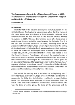 The Suppression of the Order of St Anthony of Vienne in 1775: the Consequent Interactions Between the Order of the Hospital and the Order of St Lazarus Raymond Gatt