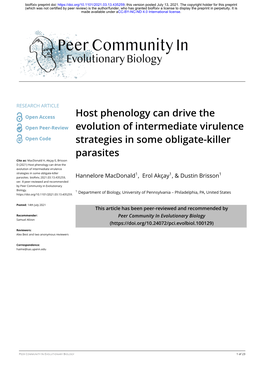 Host Phenology Can Drive the Evolution of Intermediate Virulence Strategies in Some Obligate-Killer 1 1 1 Parasites