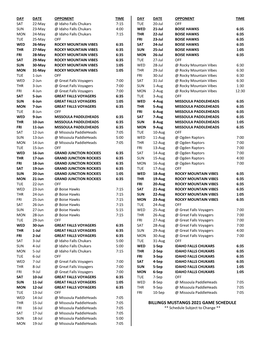 Billings Mustangs 2021 Game Schedule